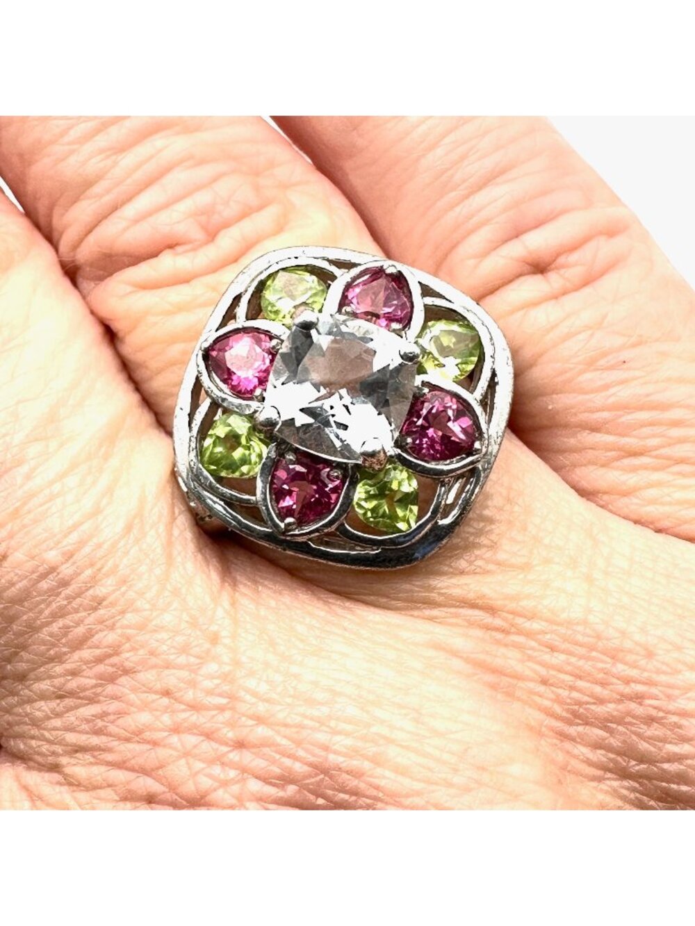 Designer J&T Multi Gemstone Sterling Silver Statement Ring Size 10
